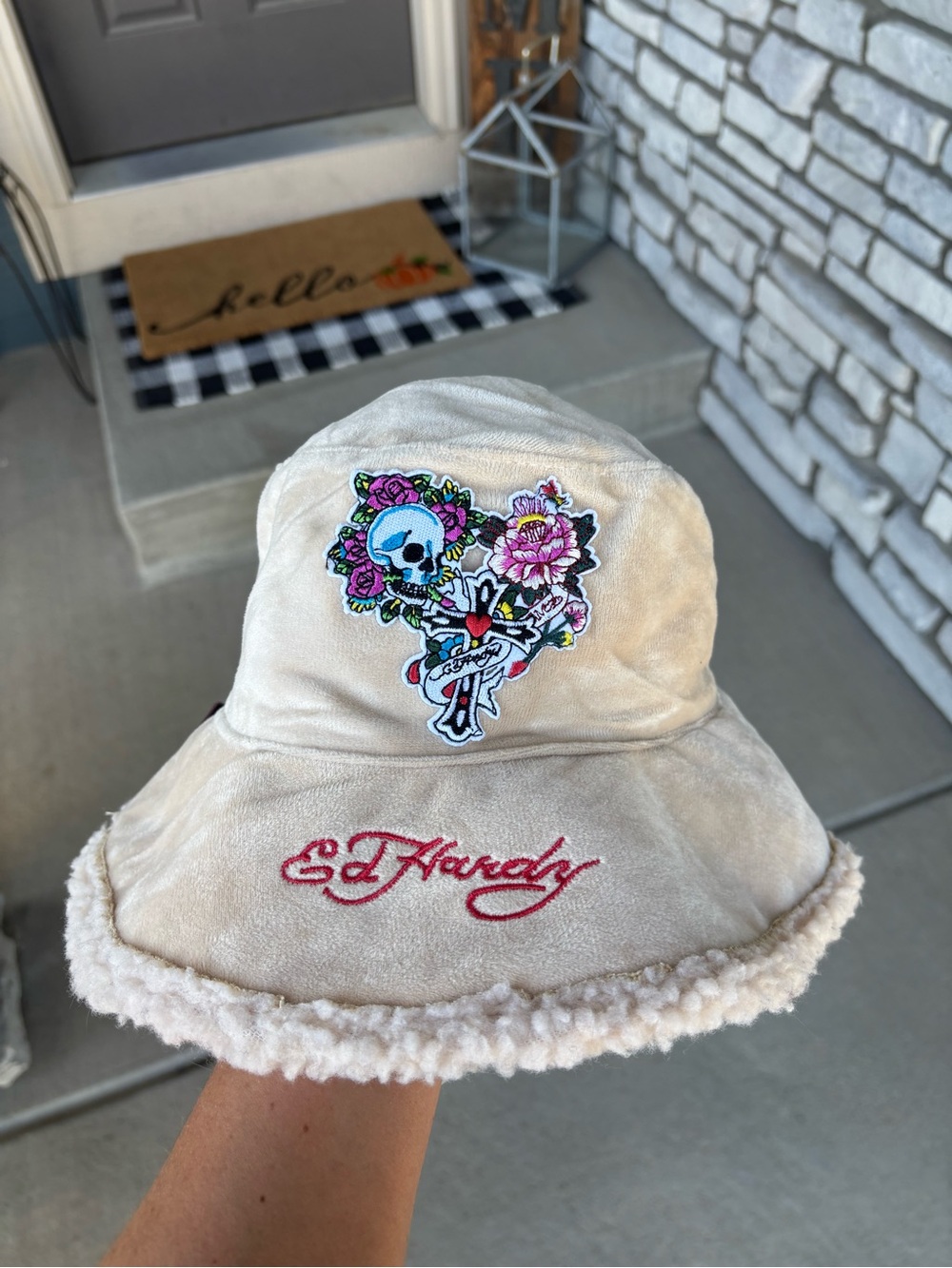 Ed Hardy Beige Bucket Hat with Colorful Skull & Floral Embroidered Patch